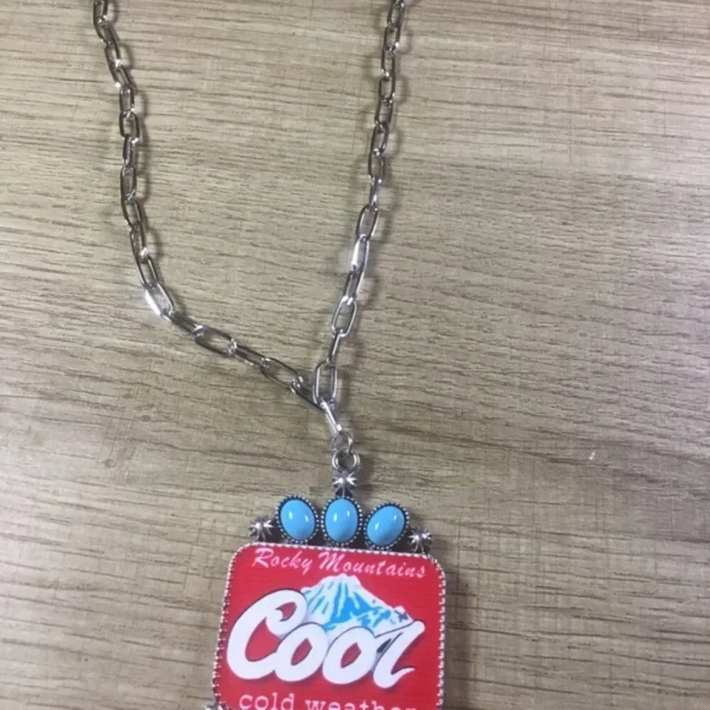 Western Cowboy Bull Head Silver Chain Necklace with Red and Turquoise Pendant